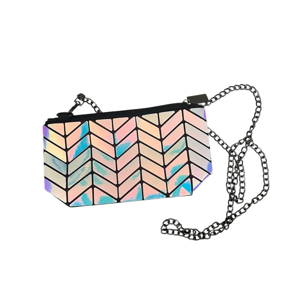 P.Luca Iridescent Geometric Chevron Crossbody Bag Clutch Silver Gunmetal Chain‎